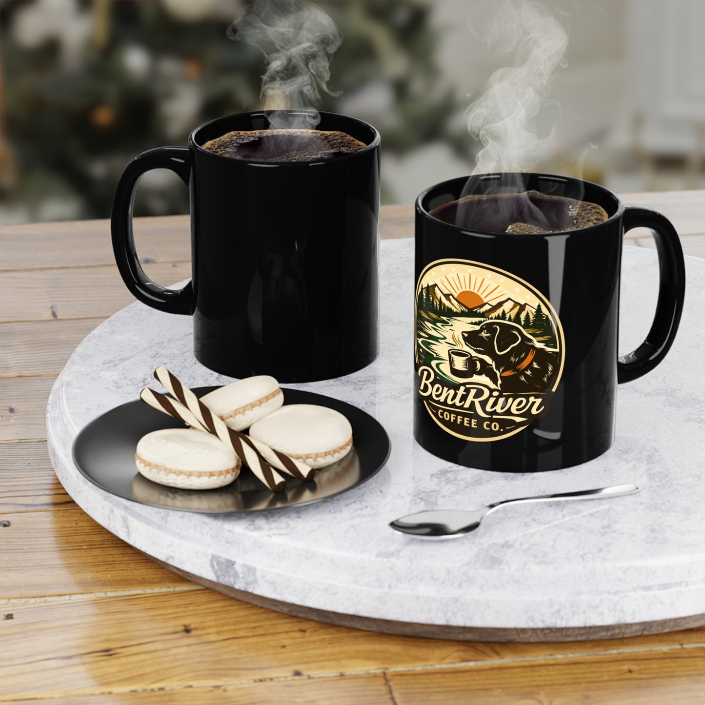 Bent River Coffee Co. Black Mug — 11oz Rustic Bear & Mountain Coffee Cup