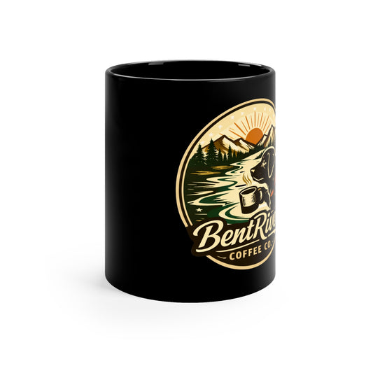 Bent River Coffee Co. Black Mug — 11oz Rustic Bear & Mountain Coffee Cup