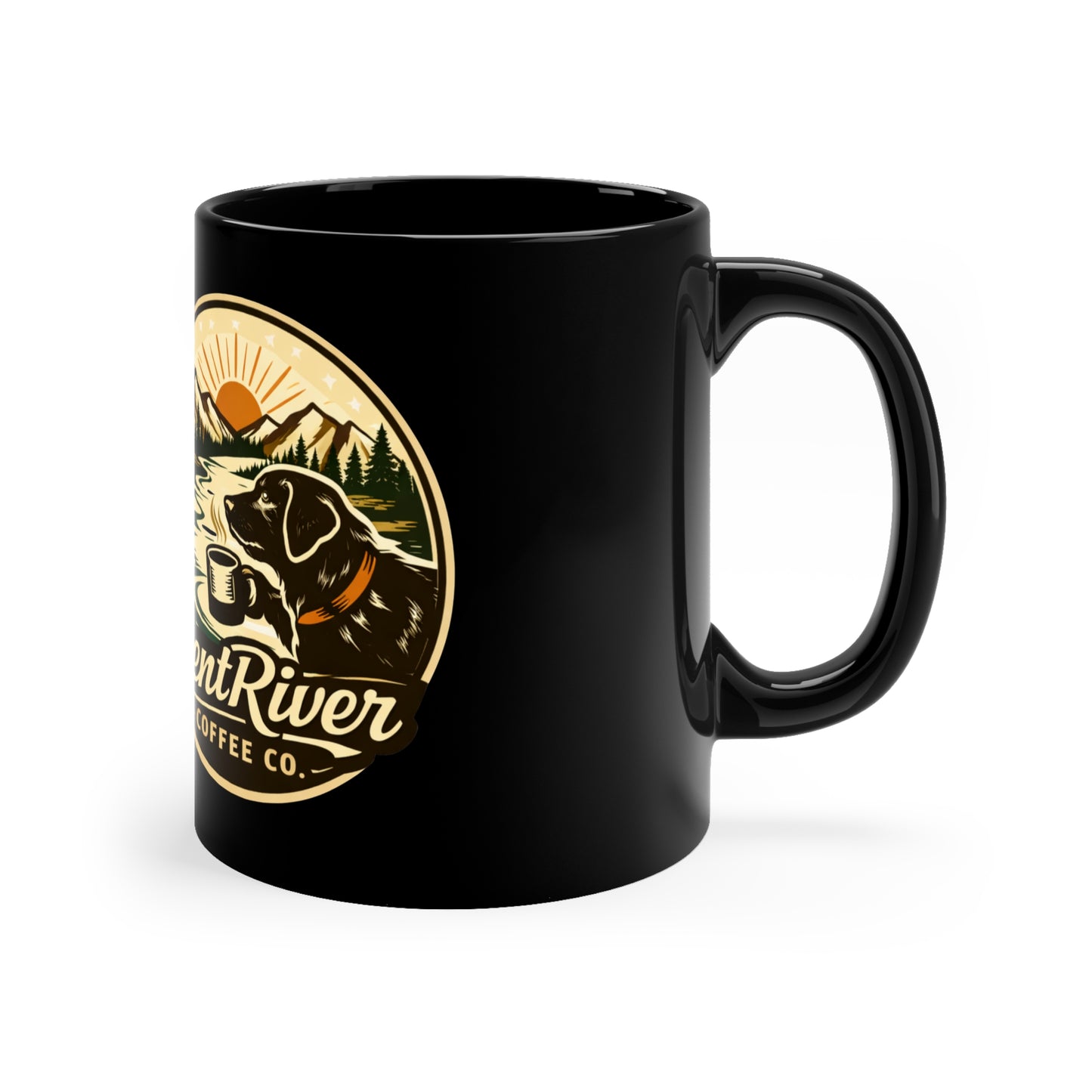 Bent River Coffee Co. Black Mug — 11oz Rustic Bear & Mountain Coffee Cup